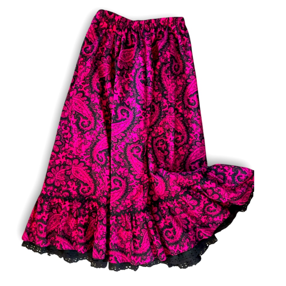 Vintage Carefree Fashions Pink Black Paisley Prairie Ruffles Dance Skirt Size S